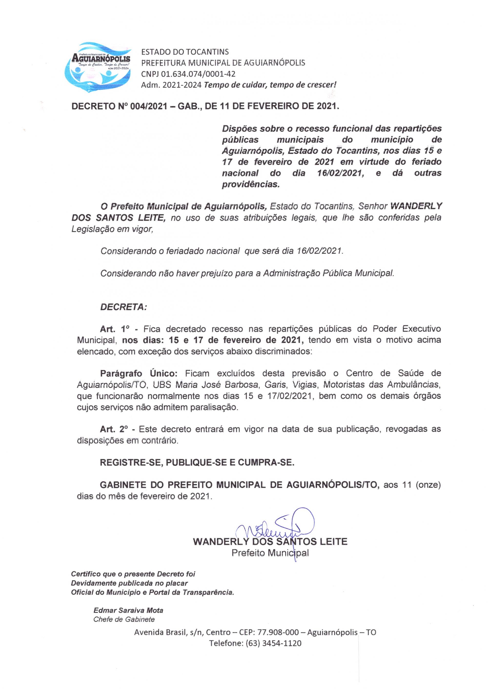 Prefeitura de Aguiarnópolis  decreta ponto facultativo no Carnaval